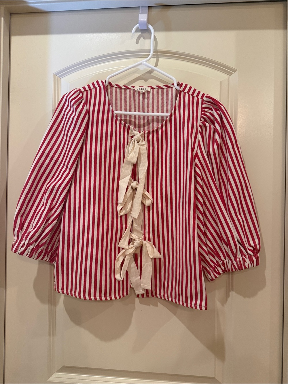 Jodiful Red & White Striped Tie-Front Blouse